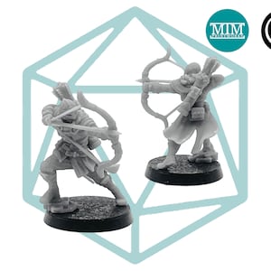 May include: Two grey plastic miniature figures of archers, each holding a bow and arrow, standing on black bases. The figures are posed in different stances, one with the bow drawn back and the other with the bow at their side.