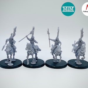 May include: Four gray miniature figures of mounted warriors, each on a horse and holding a spear or flag. The figures are on black circular bases. Logos for "MIM Printworks" and "Medbury Miniatures" are in the background.