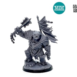 May include: A gray miniature figurine of a fantasy warrior, wielding a spiked mace and a banner. The figure is clad in detailed armor and stands on a rocky base. The logos for MIM Printworks and Davale Games are visible.