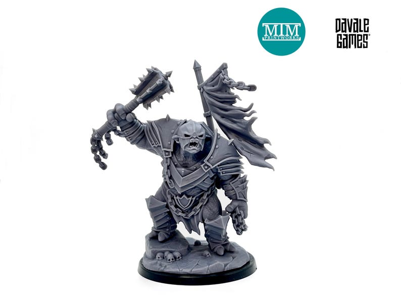 May include: A gray miniature figurine of a fantasy warrior, wielding a spiked mace and a banner. The figure is clad in detailed armor and stands on a rocky base. The logos for MIM Printworks and Davale Games are visible.
