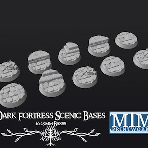 May include: Ten 25mm round plastic bases with different textured designs, ideal for miniature wargaming. The bases feature a variety of stone and brick textures, perfect for creating a dark fortress setting. The bases are labelled "Dark Fortress Scenic Bases" and "MIM Printworks".