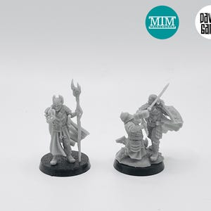 May include: Two miniature figures, one holding a staff and the other holding a sword, are posed in a fighting stance. The figures are painted in a light grey colour and are standing on black bases. The figures are from the Davale Games company.