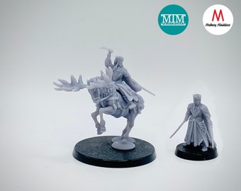 May include: Two gray plastic figurines of a fantasy character. One figurine is of a character riding a moose, the other is of a character standing. Both figurines are on black circular bases.