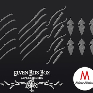 Puede incluir: Un conjunto de 24 armas y escudos de fantasía en miniatura de plástico gris para juegos de rol. El conjunto incluye espadas, arcos, flechas y escudos. El conjunto está etiquetado como "Elven Bits Box 24 Piece Bits Kits" y "Medbury Miniatures".