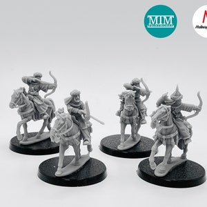 May include: Four gray plastic miniature figures of mounted archers, each riding a horse and holding a bow and arrow. The figures are posed in a dynamic action stance, with the archers aiming their bows. The figures are set on black circular bases.