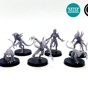 Può includere: Set di sei miniature in plastica grigia di creature aliene, alcune con code lunghe, in piedi su basi nere. Le miniature fanno parte di un gioco di fantascienza.