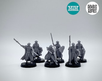 May include: A collection of gray miniature figurines of fantasy warriors, each with unique poses and weaponry, including swords, spears, and shields. The figurines are on black bases. The image includes the logos of "MIM Printworks" and "Davale Games".