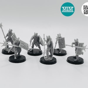 May include: Six grey plastic miniature figures of warriors with shields and spears, standing on black bases. The figures are part of a tabletop game set.
