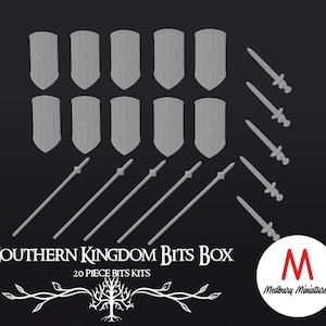 May include: A set of 20 grey plastic miniature shields, swords, and spears for tabletop gaming. The set is labelled "Southern Kingdom Bits Box 20 Piece Bits Kits" and includes the Medbury Miniatures logo.