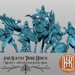 May include: Five 3D printed miniature figures of fantasy warriors, painted in a light blue color. The figures are posed in dynamic stances, holding weapons and shields. The figures are part of a set called "Far South Tribe Heros" and are designed for tabletop gaming.