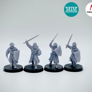 May include: Four unpainted gray plastic miniature figures of medieval knights with swords and shields. The figures are standing on black bases. The figures are from the company MIM Paintworks.