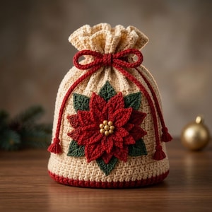 May include: A beige crochet drawstring pouch featuring a large, three-dimensional red poinsettia flower with dark green leaves centered on the front. The bag is cinched with a red cord tied in a bow, finished with small tassels at the ends.