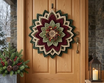 Crochet Poinsettia Wreath Pattern PDF, Layered 28–30 Inch Christmas Door Decor