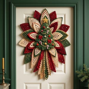 Puede incluir: Un adorno de pared decorativo con un árbol de Navidad central tejido a ganchillo, decorado con pequeños adornos rojos y dorados, bastones de caramelo y una estrella amarilla, rodeado de capas de hojas tejidas en rojo, crema y verde oscuro.