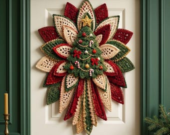 Crochet Christmas Wreath Pattern PDF, Quilted Starburst Door Hanger with Tree