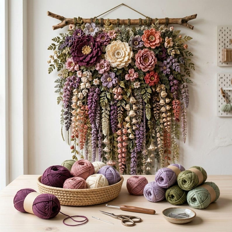 Crochet Flower Wall Hanging Pattern PDF, Layered Botanical Garland with Wisteria Vines