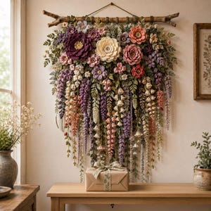 Crochet Flower Wall Hanging Pattern PDF, Layered Botanical Garland with Wisteria Vines