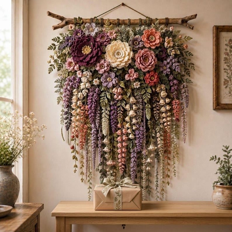 Crochet Flower Wall Hanging Pattern PDF, Layered Botanical Garland with Wisteria Vines