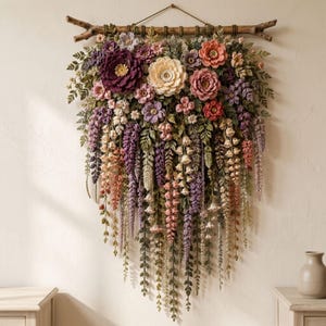 Crochet Flower Wall Hanging Pattern PDF, Layered Botanical Garland with Wisteria Vines