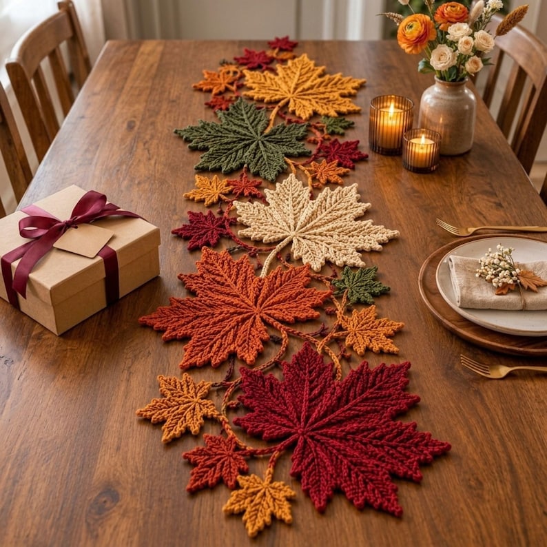 Maple Leaf Crochet Table Runner Pattern PDF, Autumn Botanical Table Decor