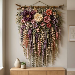 Crochet Flower Wall Hanging Pattern PDF, Layered Botanical Garland with Wisteria Vines