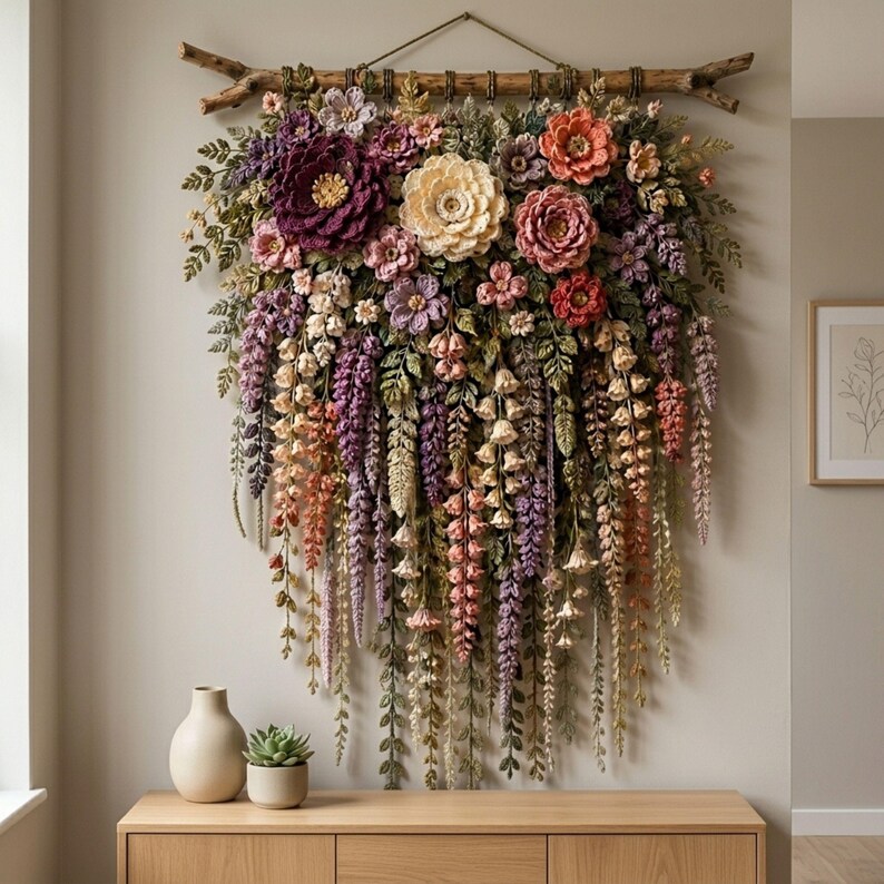 Crochet Flower Wall Hanging Pattern PDF, Layered Botanical Garland with Wisteria Vines