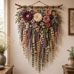 Crochet Flower Wall Hanging Pattern PDF, Layered Botanical Garland with Wisteria Vines