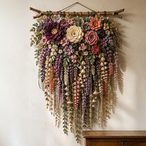 Crochet Flower Wall Hanging Pattern PDF, Layered Botanical Garland with Wisteria Vines