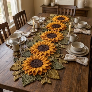 Peut inclure: Un long chemin de table décoratif composé d'une série de grands tournesols crochetés en trois dimensions avec des centres marron foncé et des pétales jaune vif, entremêlés de feuilles et de vignes crochetées en vert sur une table en bois.
