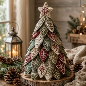 Puede incluir: Un árbol de Navidad decorativo de mesa hecho de piezas de tela tejidas a ganchillo en forma de hoja, superpuestas en tonos verde salvia, crema y rojo oscuro. Cada hoja tiene un patrón de copo de nieve bordado y una estrella a juego.