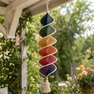Crochet Wind Spinner Pattern PDF, Twisted Rainbow Spiral Hanging Decor, Boho Garden Ornament
