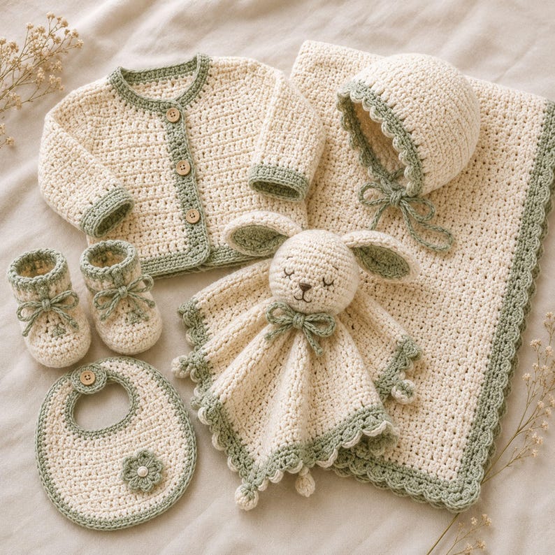 Crochet Baby Set Pattern PDF, 6-Piece Cardigan Bonnet Booties Bib
