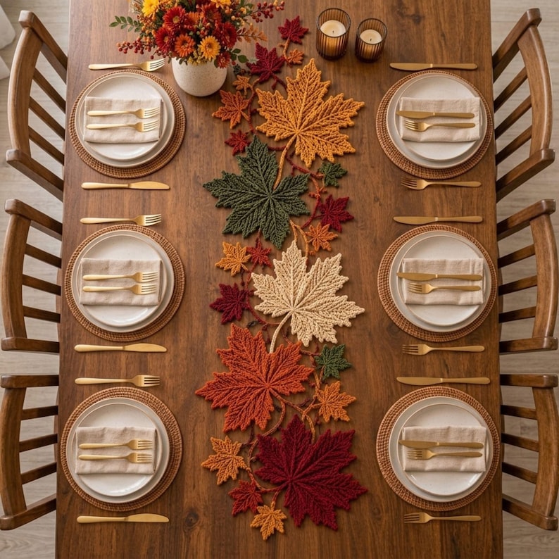 Maple Leaf Crochet Table Runner Pattern PDF, Autumn Botanical Table Decor