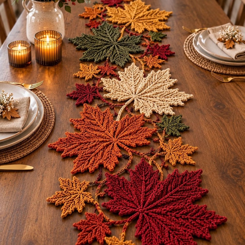 Maple Leaf Crochet Table Runner Pattern PDF, Autumn Botanical Table Decor