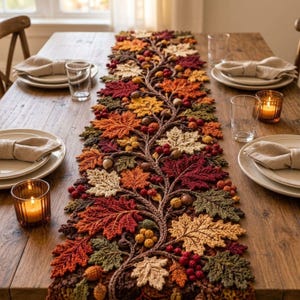 May include: A long, decorative table runner featuring a dense, crocheted pattern of autumn leaves in shades of red, orange, yellow, and brown, accented with small clusters of berries and acorns, laid across a wooden dining table with place settings.
