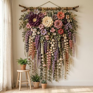 Crochet Flower Wall Hanging Pattern PDF, Layered Botanical Garland with Wisteria Vines