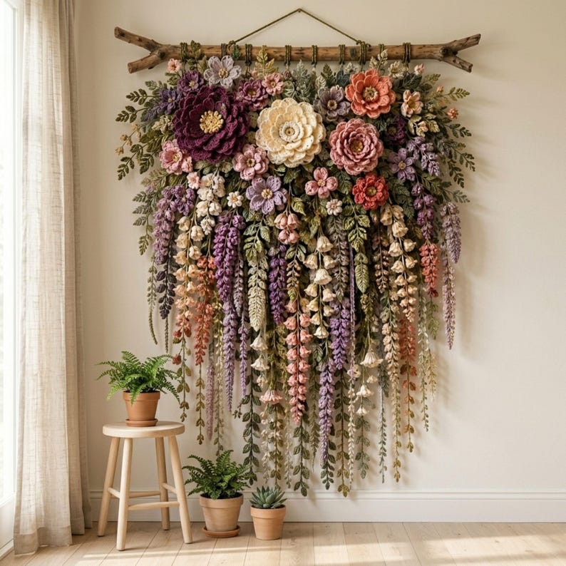 Crochet Flower Wall Hanging Pattern PDF, Layered Botanical Garland with Wisteria Vines