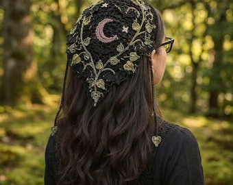 Bat Bandana Crochet Pattern PDF | Witchy Moon Botanical Headscarf | Gothic Hair Scarf