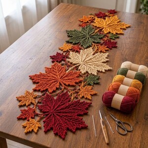 Maple Leaf Crochet Table Runner Pattern PDF, Autumn Botanical Table Decor