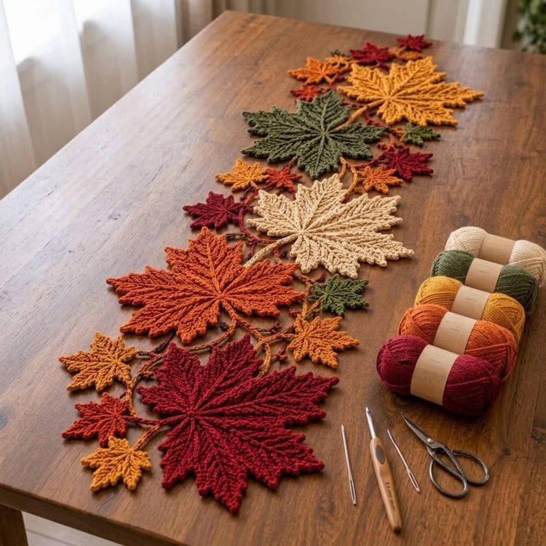 Maple Leaf Crochet Table Runner Pattern PDF, Autumn Botanical Table Decor