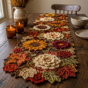 May include: A long, rectangular crochet table runner featuring a dense arrangement of three-dimensional flowers and autumn leaves in shades of cream, yellow, orange, deep red, and brown, laid out flat on a dark wooden surface.