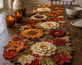 Crochet Sunflower Table Runner Pattern PDF, Dimensional Autumn Floral Decor