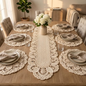 Crochet Table Runner and Placemat Pattern PDF, Floral Lace Dining Set, Round Table Mats