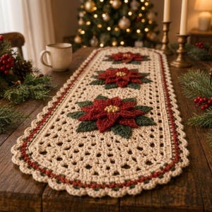 May include: A rectangular crochet table runner in cream yarn with a scalloped border in red and green. The runner features three dimensional red poinsettia flower appliqués with dark green leaves and small yellow centers spaced along the center.