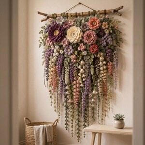 Crochet Flower Wall Hanging Pattern PDF, Layered Botanical Garland with Wisteria Vines