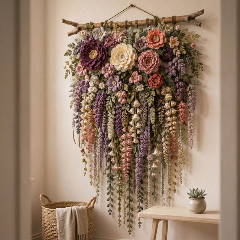 Crochet Flower Wall Hanging Pattern PDF, Layered Botanical Garland with Wisteria Vines