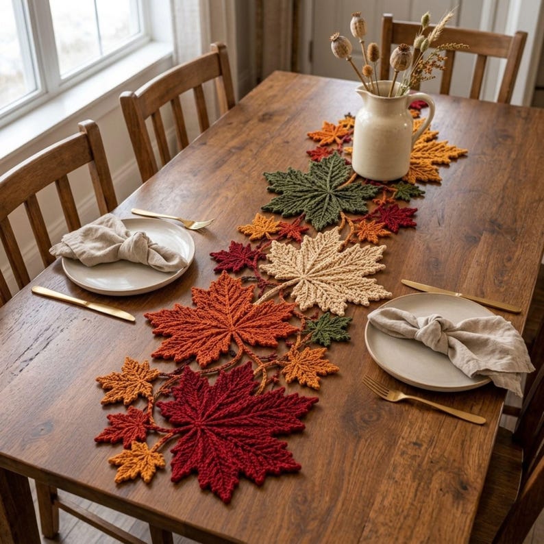 Maple Leaf Crochet Table Runner Pattern PDF, Autumn Botanical Table Decor