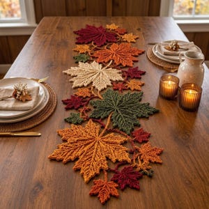 Maple Leaf Crochet Table Runner Pattern PDF, Autumn Botanical Table Decor