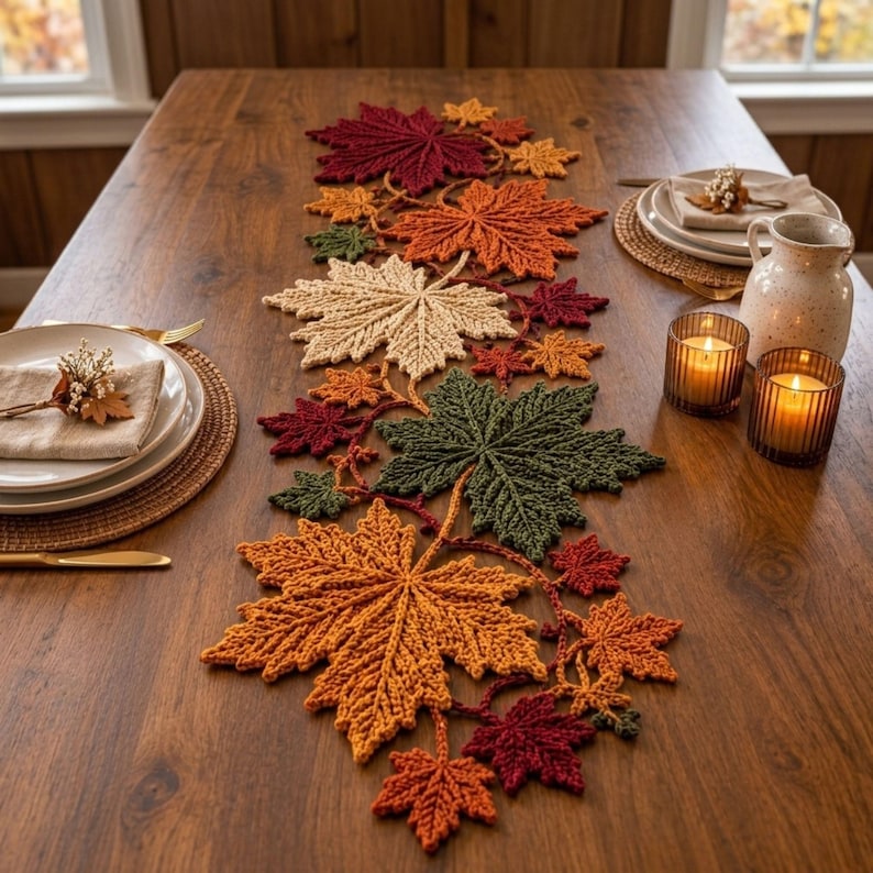 Maple Leaf Crochet Table Runner Pattern PDF, Autumn Botanical Table Decor