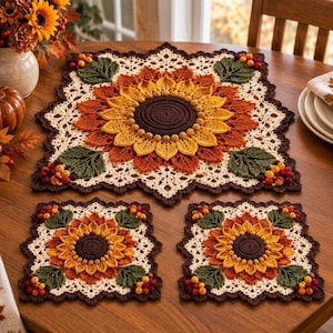 Sunflower Crochet Table Set Pattern, 3 Piece Autumn Centerpiece & Placemat PDF